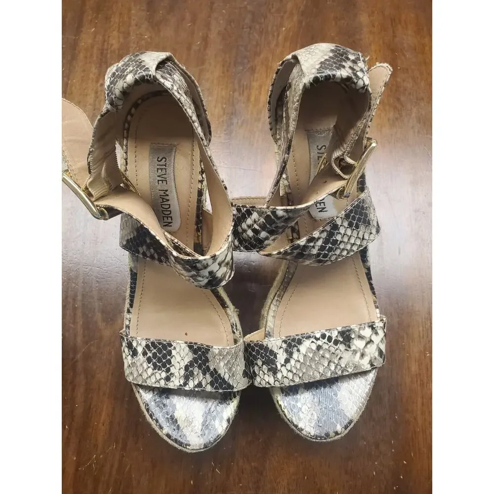 Steve Madden Snakeskin Chunky Strap Straw Wedges | Size 6.5